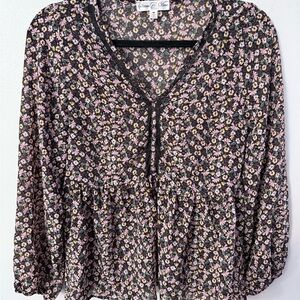 Stem and Vine Floral Tiered Ruffle Peplum Floral Blouse v-neck long sleeve